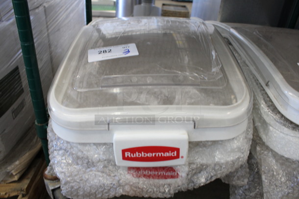 3 BRAND NEW! Rubbermaid White and Clear Ingredient Bin Lid. 15x29.5x4. 3 Times Your Bid!