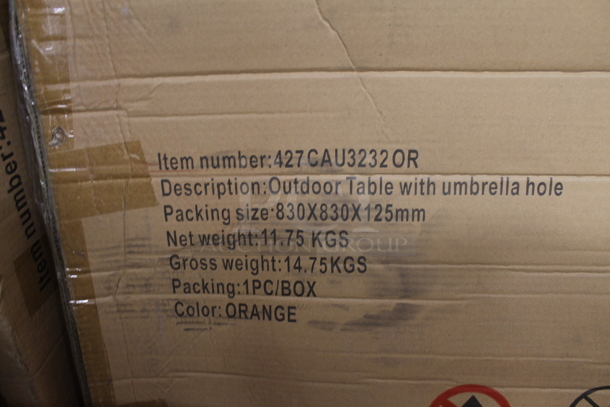 BRAND NEW SCRATCH AND DENT! Lancaster Table & Seating 427CAU3232OR 32" x 32" Orange Powder Coated Aluminum Dining Height Outdoor Table with Umbrella Hole. Stock Picture Used as Gallery Picture. - Image 4 of 5