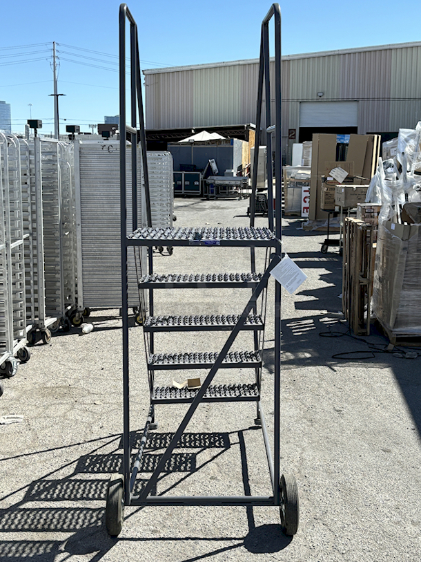 BRAND NEW SCRATCH & DENT! Ballymore TA-5-24 5-Step Gray Steel 59-Degree Slope Rolling Truck / Dock Access Ladder with 24"" Wide Steps. 32x53x80
 - Image 5 of 10