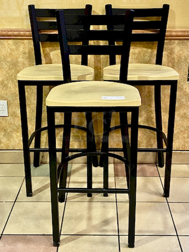 PRISTINE CONDITION! Pair of Plymold Quest Ladderback Steel Barstools with Composite Seat.

Overall Product Height	43"
Overall Product Depth	18"
Overall Product Width	16.25"
Seat Height	30"
Seat Depth	15.75"
Seat Width	16.375"

3x Your Bid - Image 1 of 2