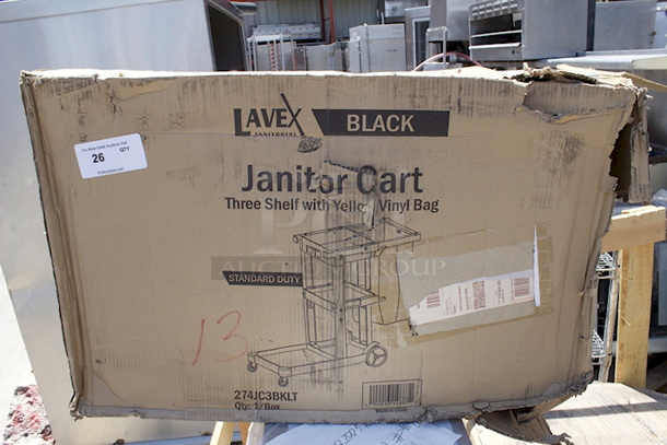 BRAND NEW SCRATCH & DENT! Lavex Black Cleaning Cart / Janitor Cart with 3 Shelves, Large Bottom Shelf, and Yellow Vinyl Bag. Box Is Damaged.  - Image 2 of 2