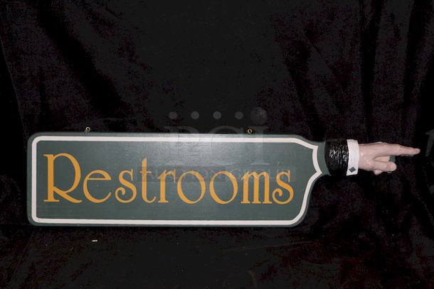 BEAUTIFUL! Carved Wood Restroom Signs With Hand Pointing. (1) Points To The Left; (1) Points To The Right. Both Come With Eyebolts for Ease In Hanging.
33x8
2x Your Bid - Image 1 of 2