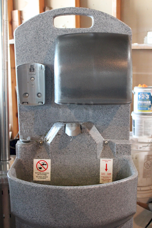 PERFECT! PolyJohn 15.5 Gallon Mobile Sink On  Heavy Duty Casters! Hands Free, Foot Pedal Activated. 18" x 20" x 62"
Unit Can Accommodate: Fresh Water Tank Capacity: 15.5 gallons, Waste Water Tank Capacity: 19 gallons, Soap Dispenser Capacity: 30 oz., Includes Paper Towel Dispenser.  - Image 3 of 12