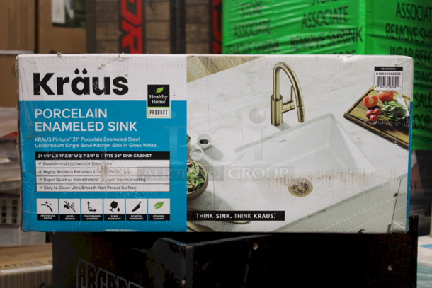 KRAUS Pintura 21" Porcelain Enameled Steel
Undermount Single Bow Kitchen Sink in Gloss White. 21-1/4 inch L x 17-3/8 inch W x 7-3/4 inch D  - Image 2 of 5