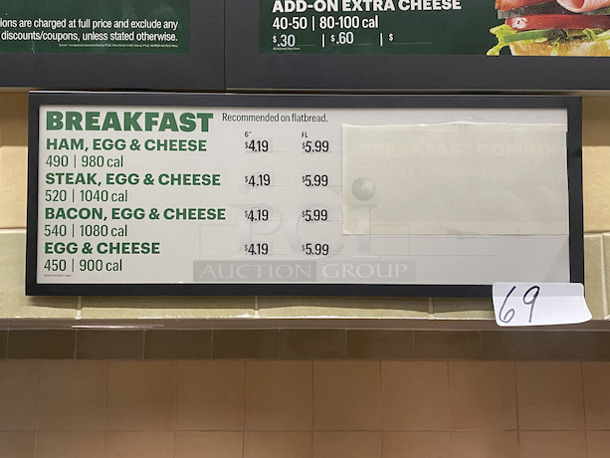 NICE! Magnetic Menu Board. Easily Attach This Board to Any Magnietic Surface Using Magnets On Top off The Menu Board. Easily Change Out Menus By Removing The Magnetic Outside Boarder. 

24-3/4x9 - Image 1 of 4