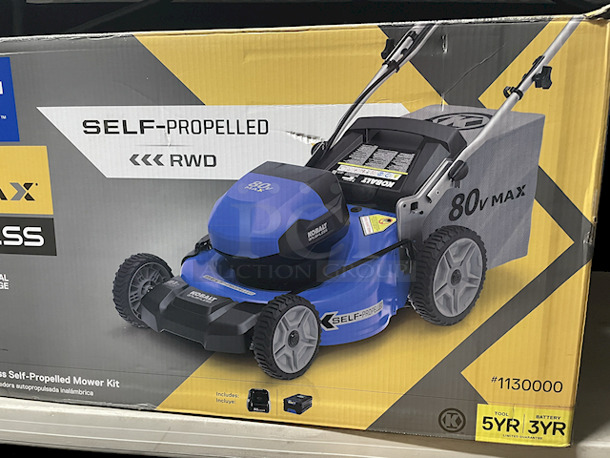 NEW/NEVER USED!! Kobalt 80v Max Brushless Cordless Self-Propelled Mower Kit. Kit Includes: Mower, Charger & 80volt 6 Ah Lithium Ion Battery.  - Image 3 of 4