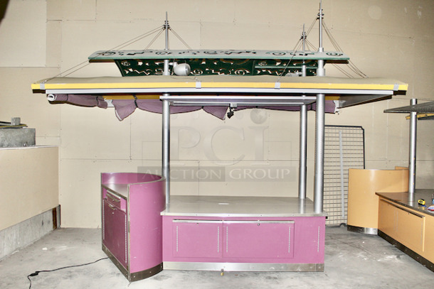 VERY NICE! Kiosk With Point of Sales Station, Locking Drawers, Track Lighting. On Commercial Casters. 150x95-1/2x132. 115v