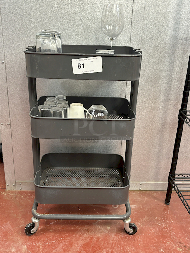 NICE!! 3 Shelf Rolling Cart Perfect For Glass Transport. Includes Glasses. - Image 3 of 7