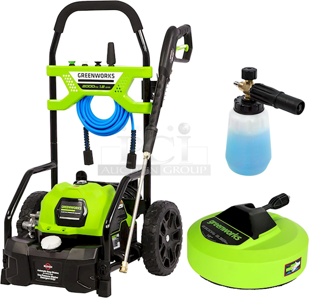NEW IN THE BOX!! Greenworks 2000PSI Electric Pressure Washer. For Use With Wood, Masonry and Automotive. Includes: Pressure washer, Handle assembly, Soap tank, Trigger handle, Wand assembly, 25' High pressure hose, Hook & loop hose wrap, 25°
Tip, 40° Tip, Soap tip, Turbo nozzle, Tip cleaner, Operator's manual and Quick start guide