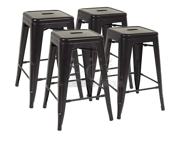 NEW, NEVER USED, IN THE BOX! Set of (4) FDW TBS-424-Black Stackable Metal Frame Bar Stools. 16x16x24 4x Your Bid 