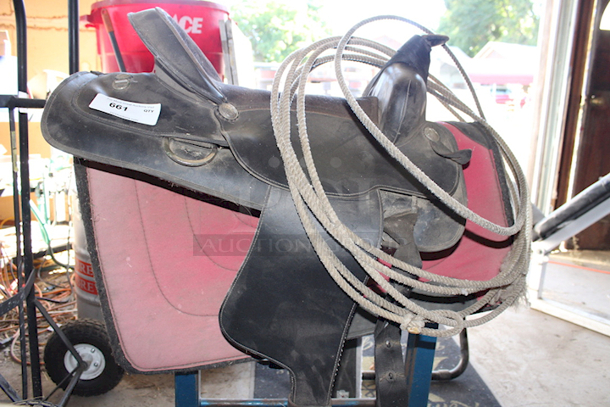 OUTSTANDING!! Vinyl Saddle With Diamond Wool Pad And Lasso.  - Image 4 of 10