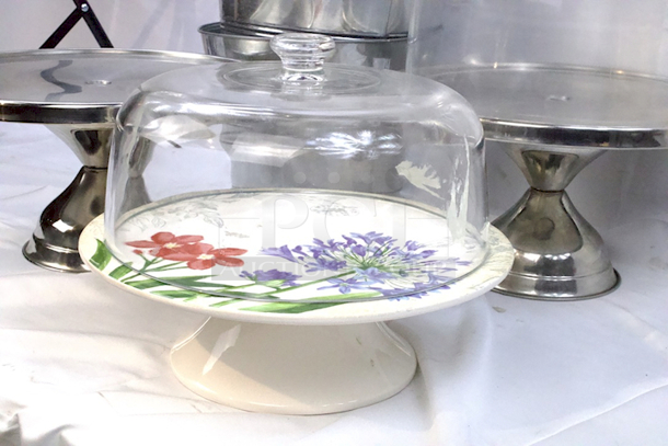 BEAUTIFUL! Cake And Champaign Set. (3) Cake Dishes With (1) Glass Lid, (1) Plastic Lid, (3) Ice Buckets For Chilling Champaign Or Other Drinks. 4x Your Bid.  - Image 2 of 7