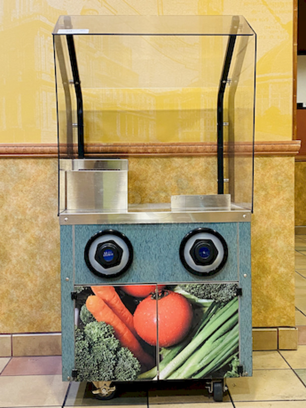 BEAUTIFUL! Soup Station With Sneeze Guard, San Jamar Soup Bowl Holders, Under Counter Storage, Condiment Holders, On Commercial Casters. 