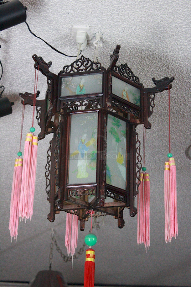 VINTAGE! Classical Chinese Hanging Lanterns With Ornate Carvings & Designs, With Light Fixture. - Image 1 of 6