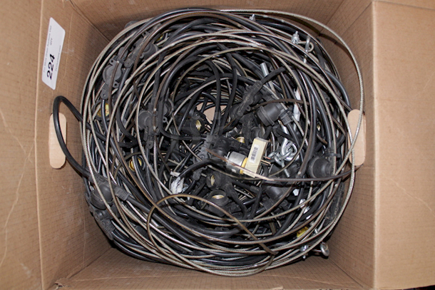 Box Of Outdoor/Indoor Bistroy Light Fixtures With Heavy Duty Braided Steel Cable For Hanging and Hardware.  - Image 2 of 3