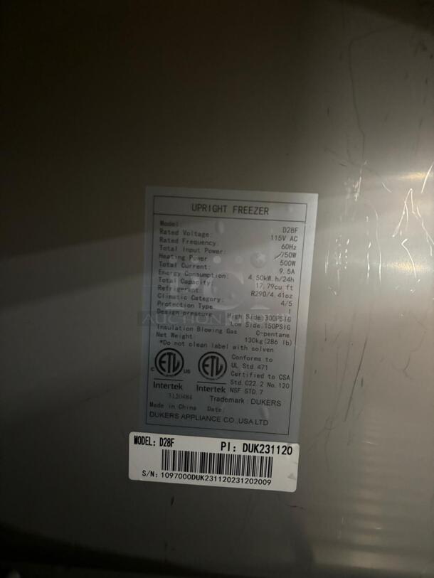 Brand New Scratch & Dent Dukers D28F 28" Single Door Commercial Freezer in Stainless Steel - Image 3 of 6