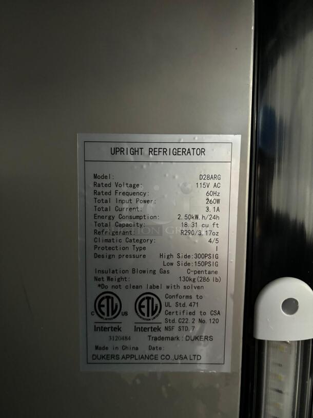 WOW!!! Dukers Commercial Reach In Refrigerator GLASS DOOR
 - Image 2 of 5