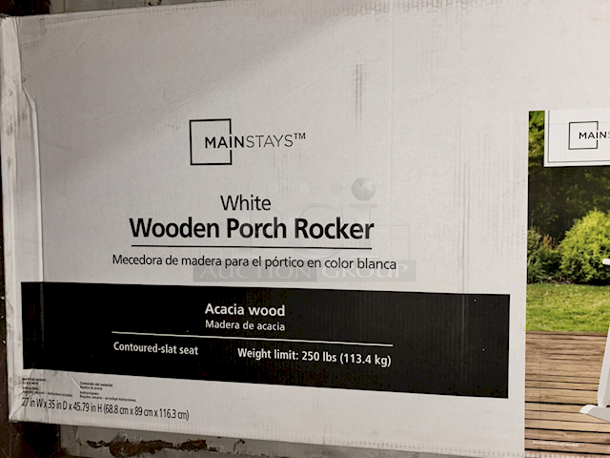 MAINSTAYS™ White Wooden Porch Rocker, Acacia Wood, Contoured-Slat Seat. 27x35x45.79 - Image 2 of 2