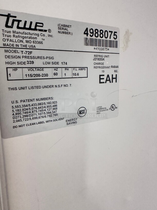 True T-72F-HC 78 inch Three Section Reach In Freezer, (3) Solid Doors, 115v - Image 7 of 11