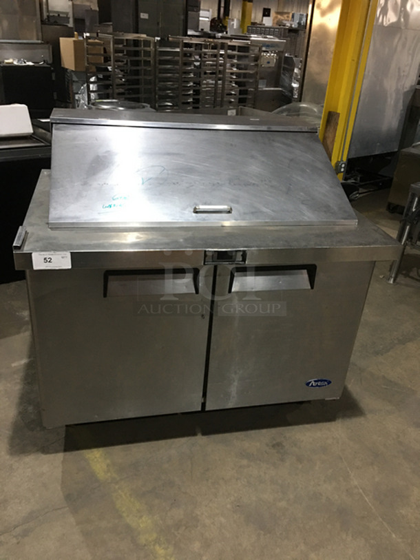 WOW! Atosa Commercial Refrigerated Sandwich Prep Table! With 2 Door Underneath Storage Space! With Poly Coated Racks! All Stainless Steel! On Casters!