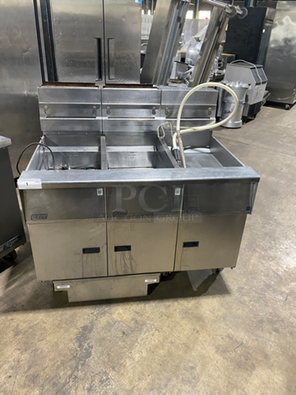 Pitco Frialator Commercial Natural Gas Powered 2 Bay Deep Fat Fryer With Dump Station! With Oil Filter System! All Stainless Steel! On Casters! Model: SSH55 SN: G10HB033045