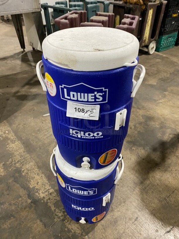 Lowes Blue And White Poly Portable Water Cooler! With Side Handles! With Lids! 2x Your Bid!