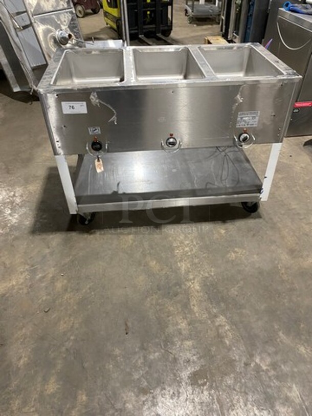 Duke Commercial Electric Powered 3 Well Steam Table! With Storage Space Underneath! All Stainless Steel! On Casters! Model: E303M SN: 12063086 208V 60HZ 3 Phase