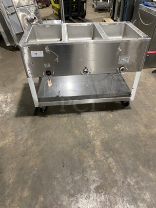 Duke Commercial Electric Powered 3 Well Steam Table! With Storage Space Underneath! All Stainless Steel! On Casters! Model: E303M SN: 12063086 208V 60HZ 3 Phase