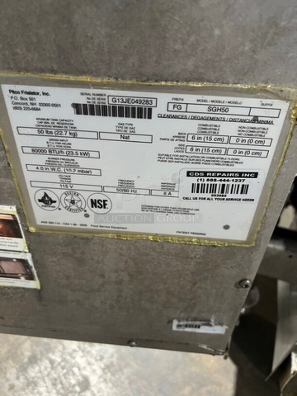 FAB! Pitco Frialator Commercial Natural Gas Powered 4 Bay Deep Fat Fryer! With Middle Fryer Basket Rack! All Stainless Steel! On Casters! Model: SGH50 SN: G13JE049283! Working When Removed!  - Image 6 of 12