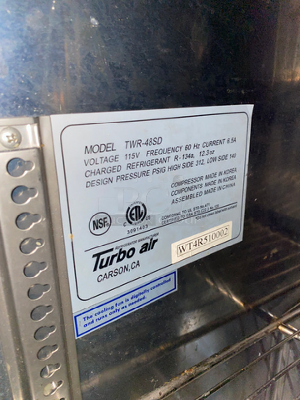 Turbo Air 2 Door Lowboy/Worktop Cooler! With Back Splash! With Metal Rack! All Stainless Steel! On Casters! Model: TWR-48SD SN: WT4R510002 115V 60HZ  - Image 9 of 10