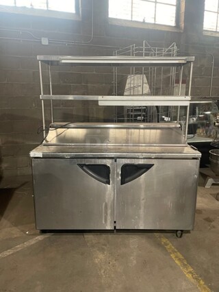 Nice! Turbo Air Stainless Steel Commercial Sandwich/Salad Refrigerated Prep Table! Eletric Powered! On Casters! With Double Over Head Shelf! MODEL TST-60SD 115V
