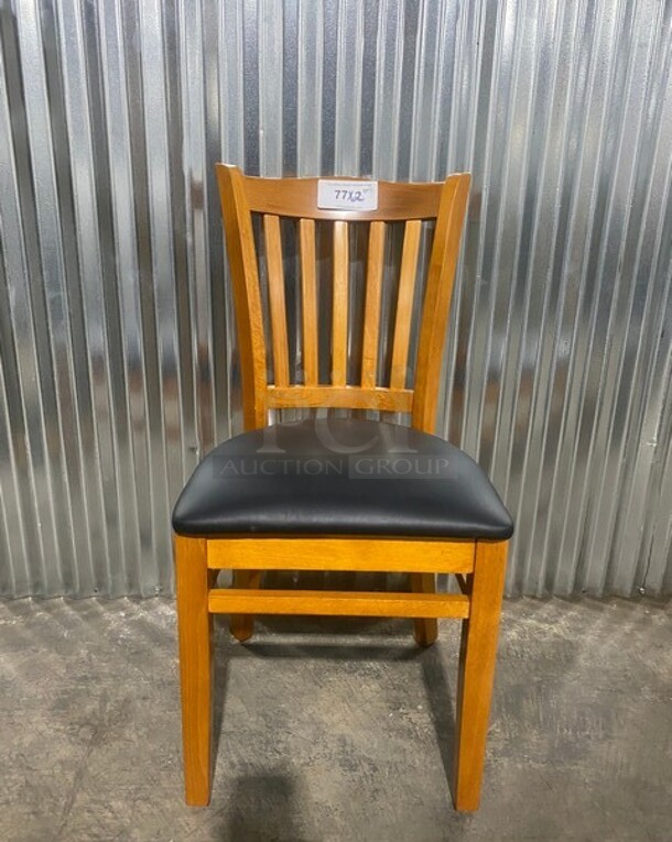 NEW! Vertical Slant Back Wood Chair With Black Vinyl Seat! 2x Your Bid!
