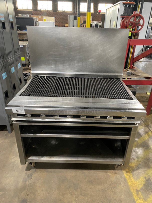 WOW! Jade Range Natural Gas Powered Char Broiler Grill! With Underneath Shelf Storage! With Raised Back Splash! All Stainless Steel! On Casters!