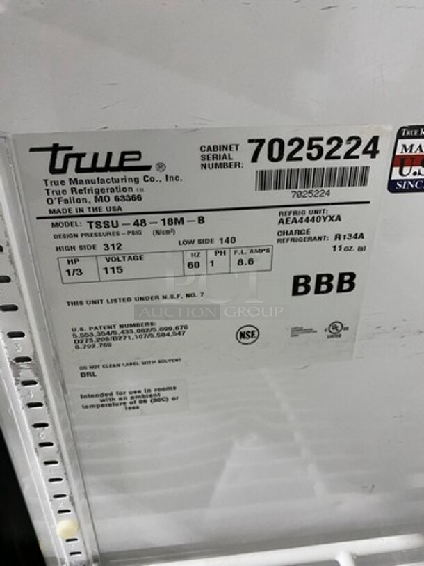 True Commercial Refrigerated Sandwich Prep Table! With 2 Door Underneath Storage Space! With Poly Coated Racks! All Stainless Steel! On Casters! Model: TSSU4818MB SN: 7025224 115V 60HZ 1 Phase - Image 7 of 9