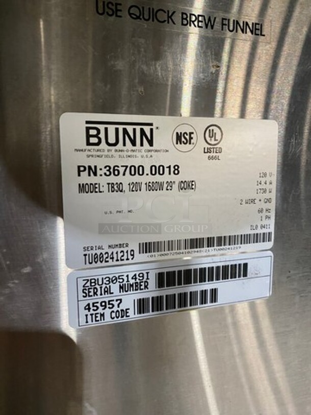 Bunn Commercial Countertop Iced Tea Brewer Machine! All Stainless Steel! Model: TB3Q SN: TU00241219 120V 1 Phase - Image 6 of 7