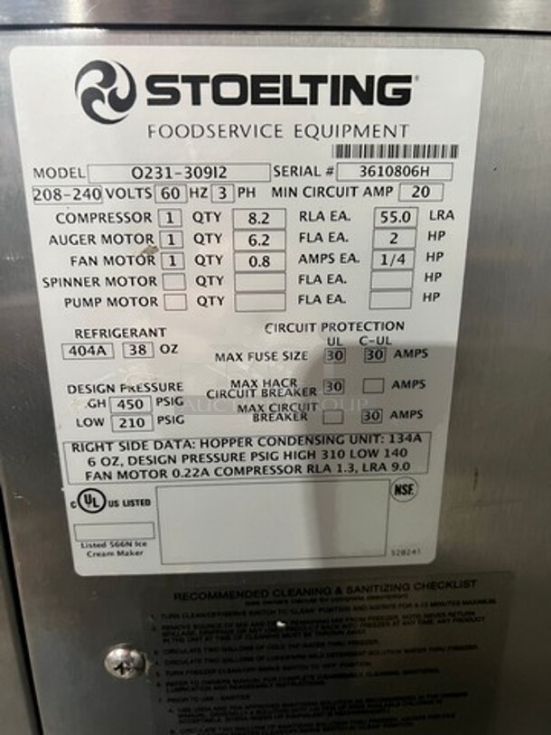 NICE! Stoelting Commercial 2 Flavor Soft Serve Ice Cream/ Frozen Yogurt Machine! All Stainless Steel! On Casters! Model: O231309I2 SN: 3610806H 208/240V 60HZ 3 Phase - Image 6 of 8