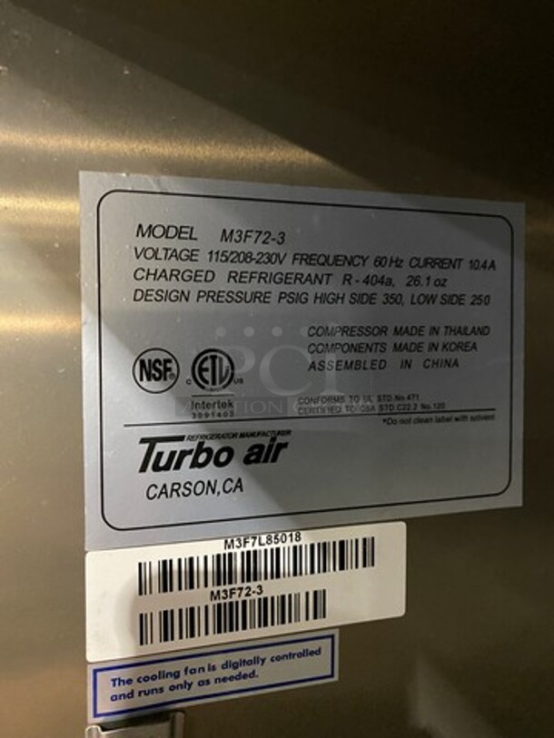 COOL! Turbo Air Commercial 3 Door Reach In Cooler! Poly Coated Racks! All Stainless Steel! On Casters! Model:M3F723 SN: M3F7L85018 115/208/230V 60HZ 1 Phase! Working When Removed! - Image 8 of 10