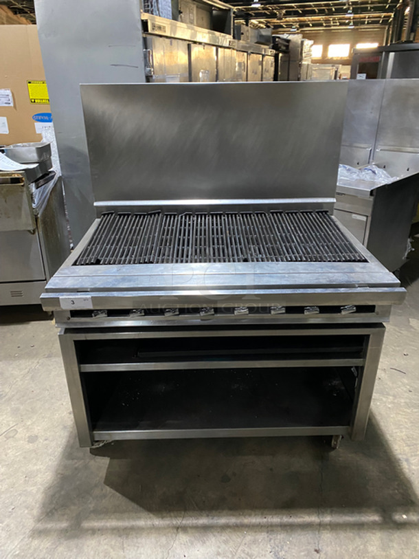 WOW! Jade Range Natural Gas Powered Char Broiler Grill! With Underneath Shelf Storage! With Raised Back Splash! All Stainless Steel! On Casters!