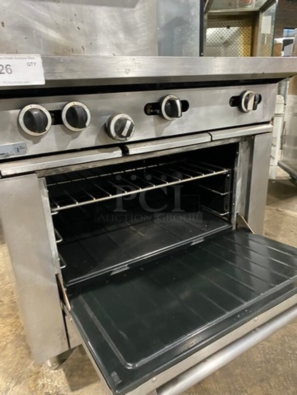 Garland Commercial Natural Gas Powered 2 Burner Stove With Hot Plate! With Oven Underneath! With Raised Back Splash And Salamander Shelf! All Stainless Steel! On Legs! - Image 7 of 8