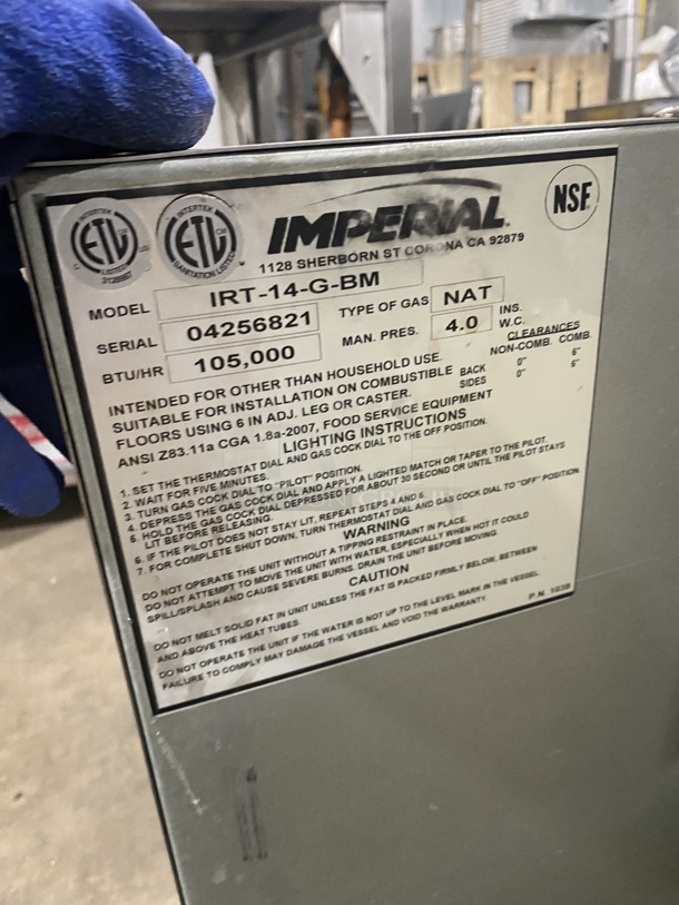 Great! IMPERIAL Commercial Natural Gas Powered Commercial Pasta Cooker/Rethermalizer! With Backsplash! All Stainless Steel! On Wheels! Model: IRT14GBM Serial 04256821  - Image 7 of 9