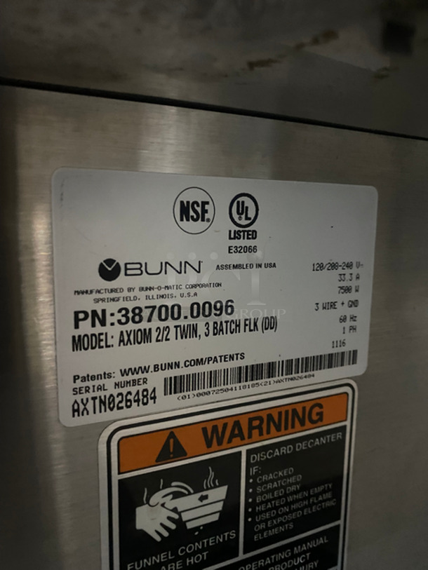 Bunn Commercial Countertop Dual Coffee Brewing Machine! With 4 Coffee Pot Warming Stations! All Stainless Steel! Model: AXIOM2/2TWIN SN: AXTN026484 120/208/240V 60HZ 1 Phase - Image 9 of 10