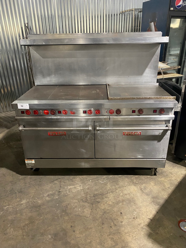 AN AMAZING FIND! Vulcan Commercial Dual Fuel Powered 36 Inch French Top/24 Inch Flat Griddle Combo! With Raised Backsplash & Overhead Salamander Shelf! With 2 Full Size Ovens Underneath! With Metal Oven Racks! All Stainless Steel! On Casters! Model: E60FL227 SN: 481550759 208/240V 1 Phase