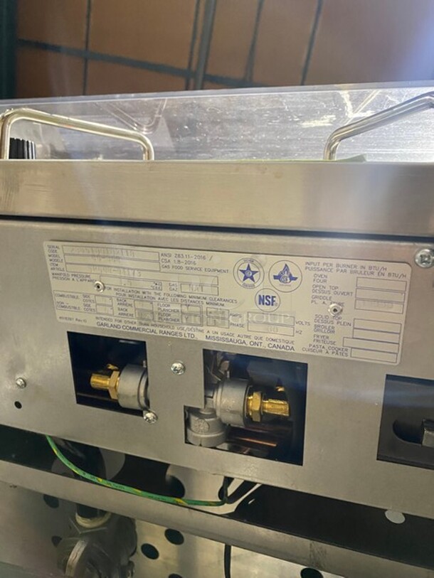 SWEET! BRAND NEW! NEVER USED! RARE FIND! Garland Commercial Natural Gas Powered Mirror Shine/Chrome Top Flat Griddle! Thermostatic Controlled! With Back & Side Splashes! Model GG36H Serial 2305100102118! On Small Legs!  - Image 7 of 9