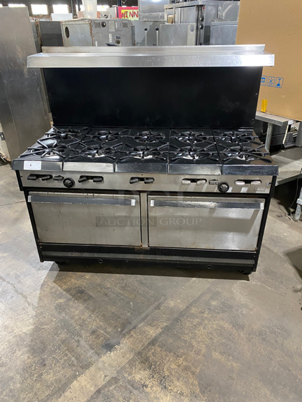 WOW! Commercial Natural Gas Powered 10 Burner Stove! With Raised Back Splash And Salamander Shelf! With 2 Oven Underneath! All Stainless Steel! On Casters!