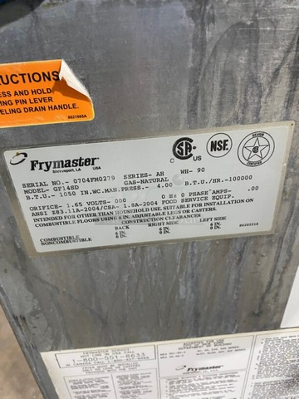 Frymaster Commercial Natural Gas Powered Deep Fat Fryer! All Stainless Steel! On Legs! WORKING WHEN REMOVED! Model: GF14SD SN: 0704FM0279! - Image 8 of 9