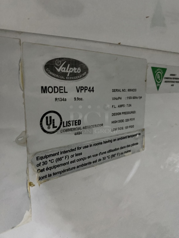 Valpro Commercial Refrigerated Pizza Prep Table! With Single Door Storage Space! All Stainless Steel! On Casters! Model: VPP44 SN: 8004233 115V 1 Phase - Image 7 of 9