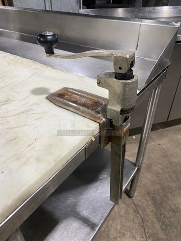 NICE! Solid Stainless Steel Work Top/ Prep Table! With Commercial Cutting Board! With Back Splash! With Mounted Can Opener! With Storage Space Underneath! On Legs! - Image 6 of 9