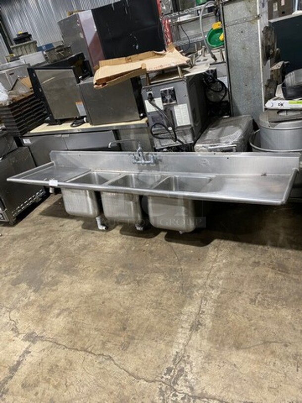 Commercial 3 Compartment Dish Washing Sink! With Dual Side Drain Board! With Faucet And Handles! With Back Splash! All Stainless Steel! With Legs!