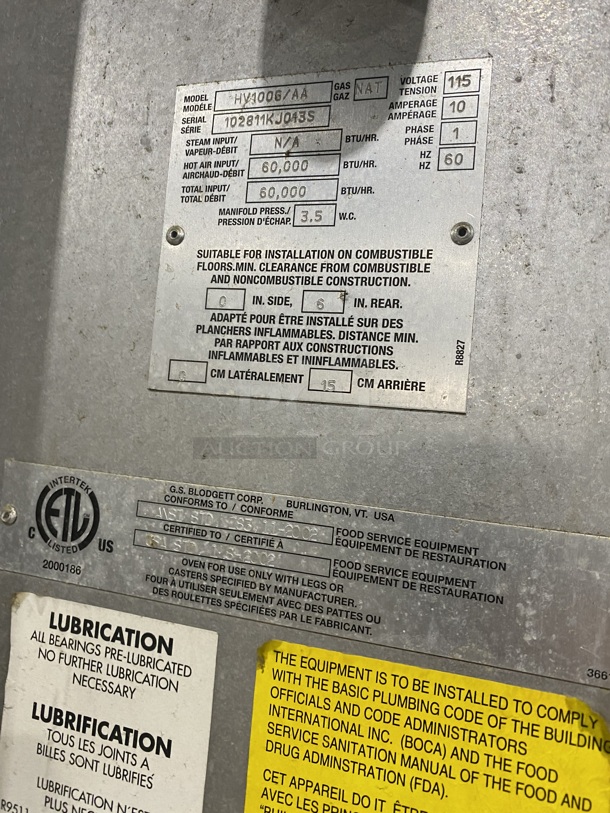 Sweet! BLODGETT Commercial Natural Gas Convection Oven W/ View Through Doors And Metal Oven Racks! On Legs! Model 100G/AA Serial 102811KJ013S 115V/60Hz/1 Phase
 - Image 9 of 11