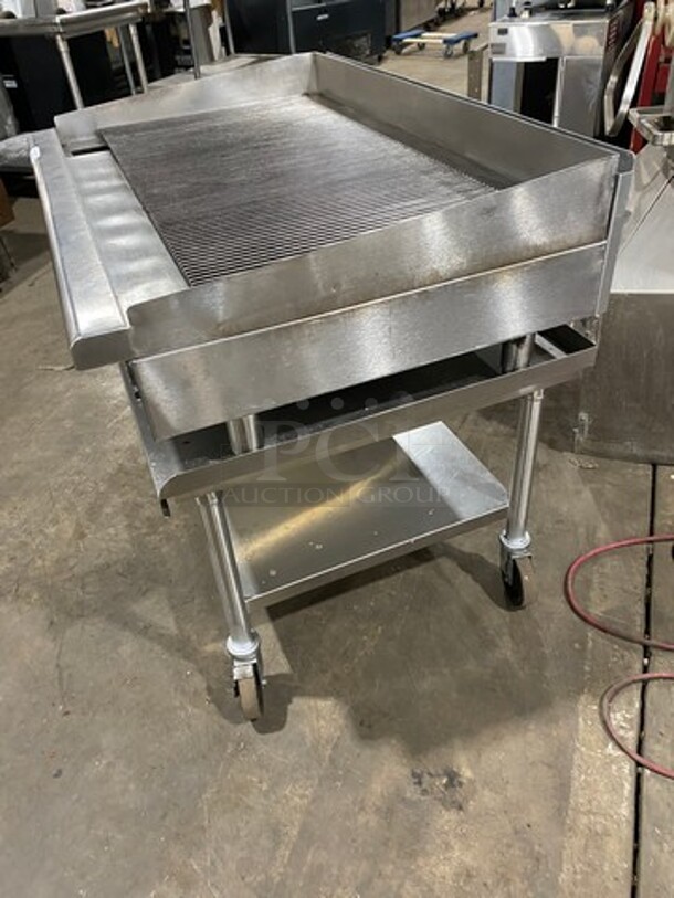 NICE! Imperial Commercial Natural Gas Powered Grooved Grill! With Back And Side Splashes! On Legs! On Equipment Stand! With Storage Space Underneath! All Stainless Steel! On Casters! - Image 4 of 9